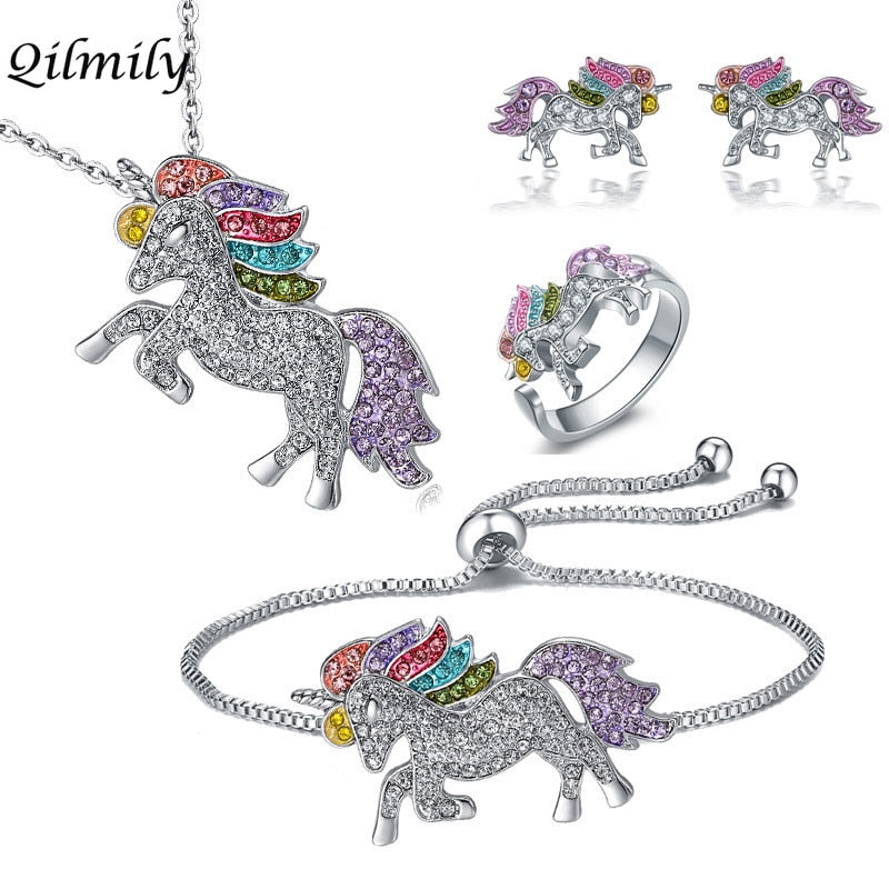 Qilmily Colorful Unicorn Inlaid Zircon Set Necklace&Bracelet&Earring&Ring for Women Girls Gold Pull Adjustable Jewelry Gifts Hot