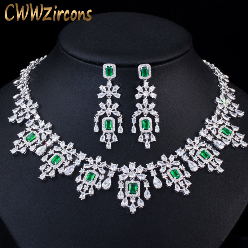 CWWZircons Luxury Green Cubic Zirconia Women Wedding Party Bride Necklace Earrings Jewelry Sets Bridal Dress Accessories T353