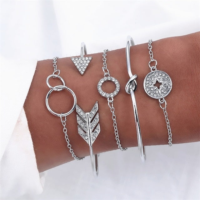 4 Pcs/set Women's Fashion Crystal Leaves Geometric Chain Gold Bracelet Set Bohemian KISS WIFE Vintage Jewelry Wholesale