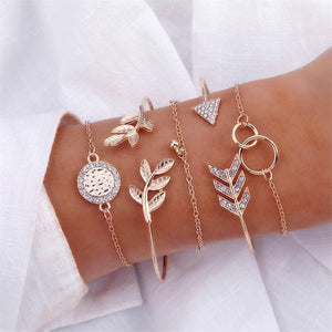 4 Pcs/set Women's Fashion Crystal Leaves Geometric Chain Gold Bracelet Set Bohemian KISS WIFE Vintage Jewelry Wholesale