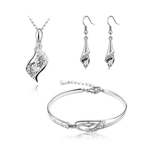 2018 New Wholesale Austrian Crystal Jewelry Sets Water Drop Pendant Necklace Stud Earring Bracelet Silver Plated Jewellery Women