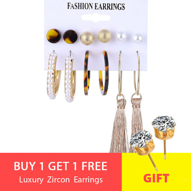 VKME fashion earring pearl earrings set ladies bohemian tassel leopard earrings 6pair / suit ladies Brincos accessories gift