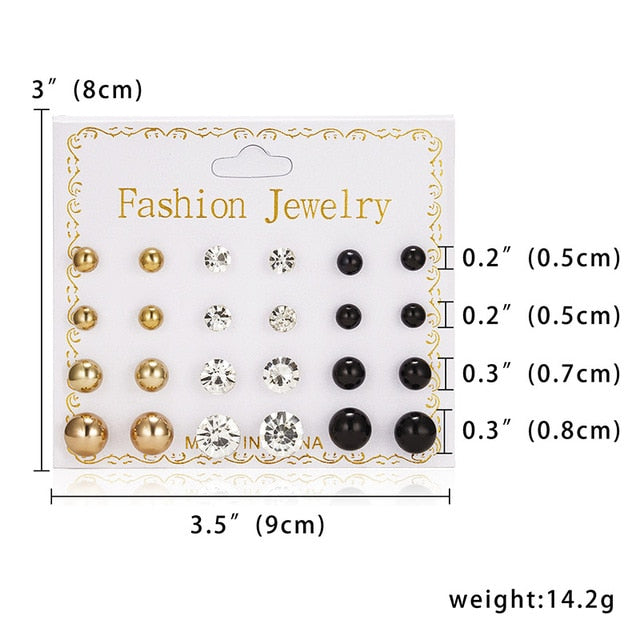 Fashion 12 pair/set Women Round Crystal Stud Earrings for Women Cubic Zircon Piercing Earrings for Girls Jewelry Gift