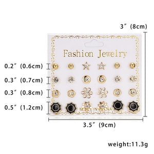 Fashion 12 pair/set Women Round Crystal Stud Earrings for Women Cubic Zircon Piercing Earrings for Girls Jewelry Gift