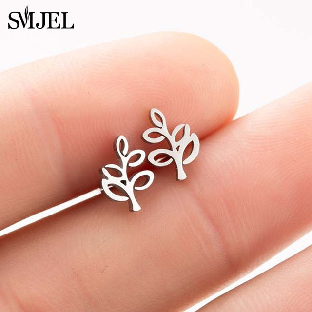 SMJEL Bohemia Mickey Earrings Women Kids Fashion Stainless Steel Leaf Pineapple Flower Stud Earings Tree Jewelry pendientes