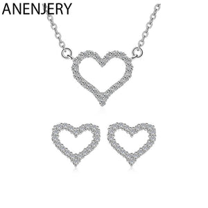 ANENJERY 925 Sterling Silver Jewelry Sets Sweet Micro Zircon Heart Shaped Necklace+Earrings For Women Wedding Jewelry