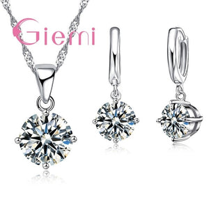 925 Sterling Silver Pendant Necklace Earrings Set Fashion Jewelry Trendy Style Austrian Crystal Women Engagement 8 Colours