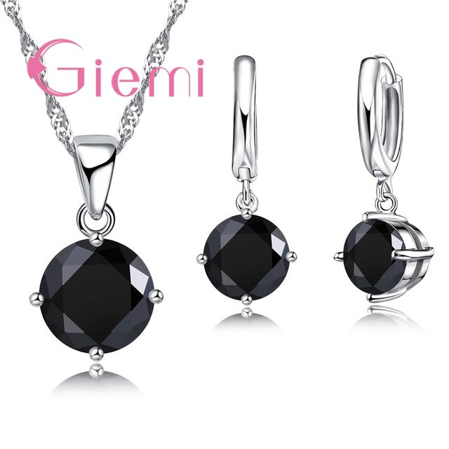 925 Sterling Silver Pendant Necklace Earrings Set Fashion Jewelry Trendy Style Austrian Crystal Women Engagement 8 Colours