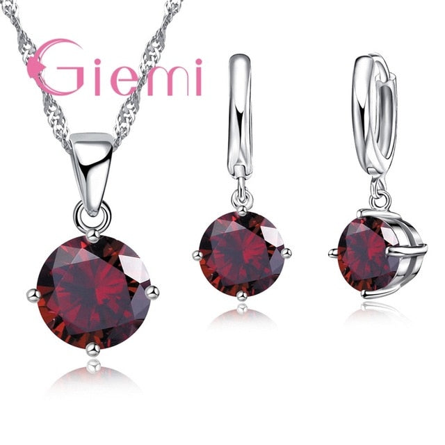 925 Sterling Silver Pendant Necklace Earrings Set Fashion Jewelry Trendy Style Austrian Crystal Women Engagement 8 Colours