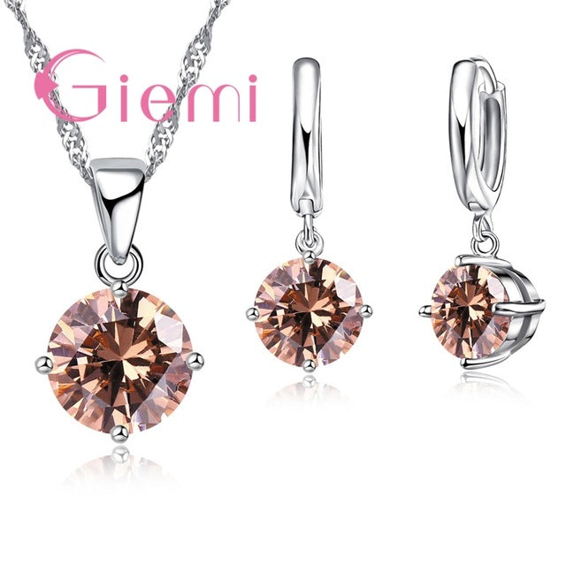 925 Sterling Silver Pendant Necklace Earrings Set Fashion Jewelry Trendy Style Austrian Crystal Women Engagement 8 Colours