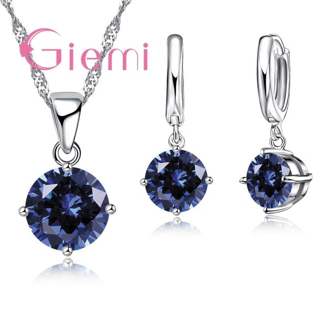 925 Sterling Silver Pendant Necklace Earrings Set Fashion Jewelry Trendy Style Austrian Crystal Women Engagement 8 Colours