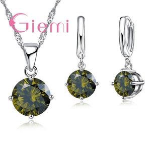 925 Sterling Silver Pendant Necklace Earrings Set Fashion Jewelry Trendy Style Austrian Crystal Women Engagement 8 Colours