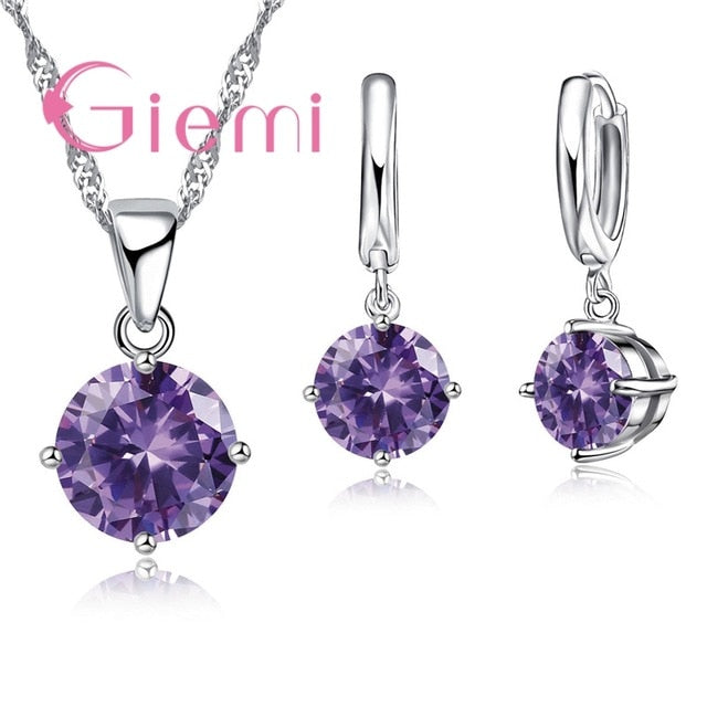 925 Sterling Silver Pendant Necklace Earrings Set Fashion Jewelry Trendy Style Austrian Crystal Women Engagement 8 Colours