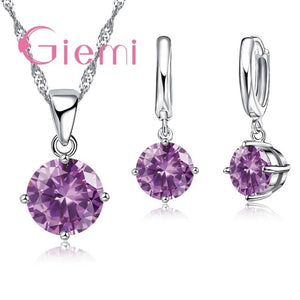 925 Sterling Silver Pendant Necklace Earrings Set Fashion Jewelry Trendy Style Austrian Crystal Women Engagement 8 Colours