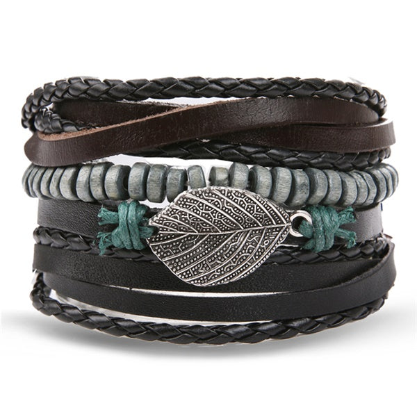 IFMIA Vintage Leather Bracelet Fashion Hand-knitted Multi-layer Leather Feather Leaf Bracelet and Fashion Men's Bracelet Gift