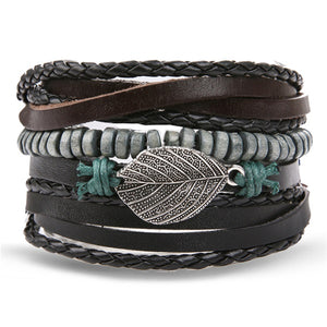 IFMIA Vintage Leather Bracelet Fashion Hand-knitted Multi-layer Leather Feather Leaf Bracelet and Fashion Men's Bracelet Gift