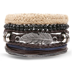 IFMIA Vintage Leather Bracelet Fashion Hand-knitted Multi-layer Leather Feather Leaf Bracelet and Fashion Men's Bracelet Gift