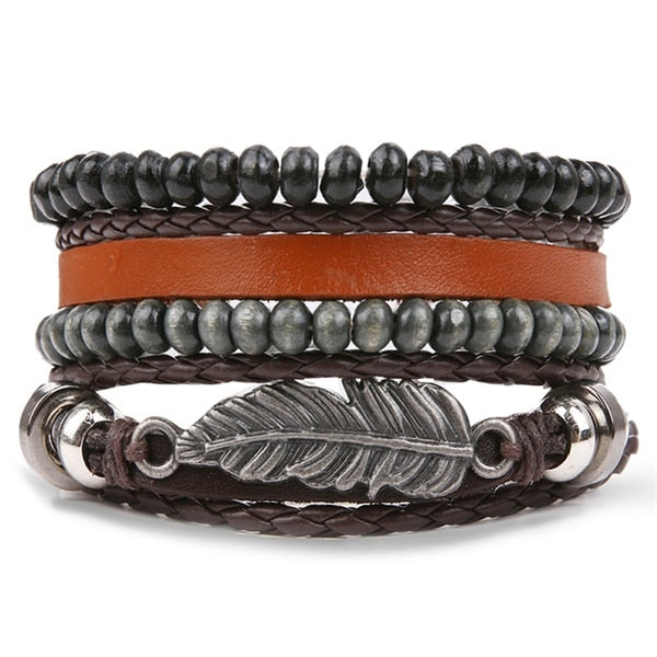 IFMIA Vintage Leather Bracelet Fashion Hand-knitted Multi-layer Leather Feather Leaf Bracelet and Fashion Men's Bracelet Gift