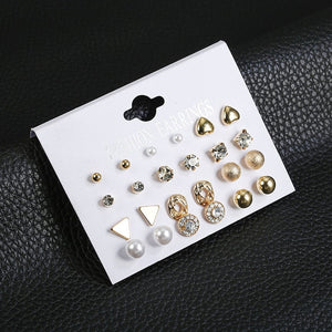 12 Pair/Set Crystal Stud Earrings Triangle Knot 2019 New Rhinestone imitation Pearl Earrings for Girls Tiny Ear Studs Pendientes