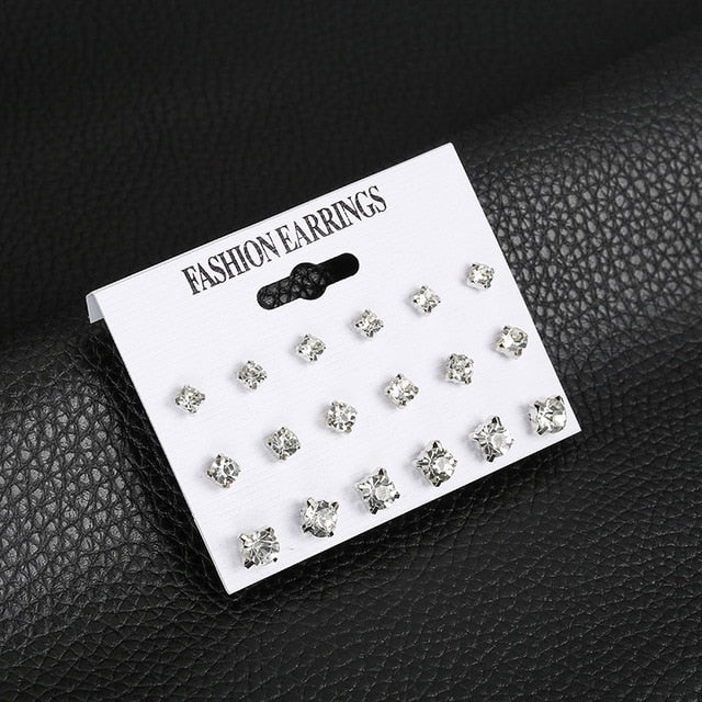 12 Pair/Set Crystal Stud Earrings Triangle Knot 2019 New Rhinestone imitation Pearl Earrings for Girls Tiny Ear Studs Pendientes