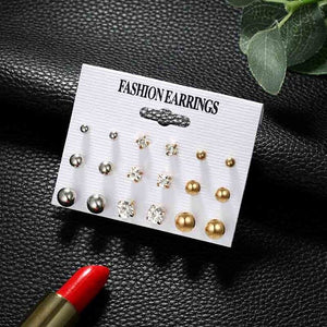 12 Pair/Set Crystal Stud Earrings Triangle Knot 2019 New Rhinestone imitation Pearl Earrings for Girls Tiny Ear Studs Pendientes