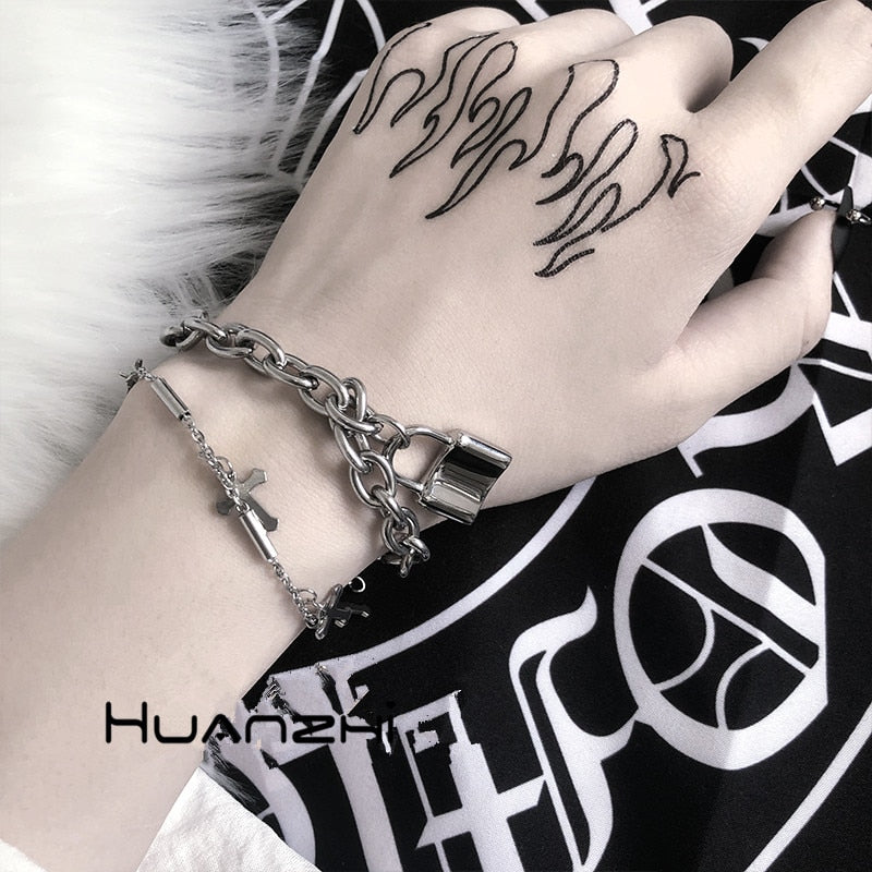 HZ 2019 Cool Lock Cross Punk Rock Chain Adjustable Bracelet Long Chain Silver Alloy Stainless Metal Line for Women Jewelry Party