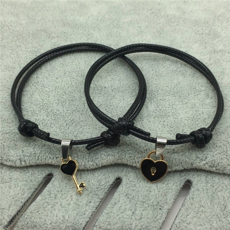 Key Lock Heart Couple Bracelet for Women and Men Handmade Vintage Rope Chain Adjustable Fashion Jewelry Lovers' Paired Bracelets