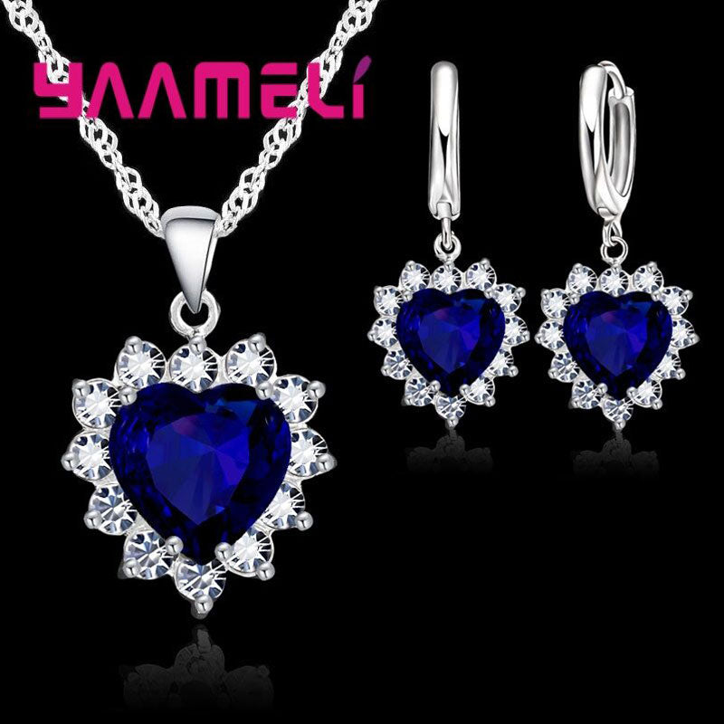 925 Sterling Silver Trendy Heart Pendant Crystal Necklace Loop Earring Wedding Jewelry Sets CZ Cubic Zircon Accessory