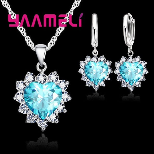 925 Sterling Silver Trendy Heart Pendant Crystal Necklace Loop Earring Wedding Jewelry Sets CZ Cubic Zircon Accessory