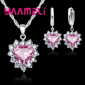 925 Sterling Silver Trendy Heart Pendant Crystal Necklace Loop Earring Wedding Jewelry Sets CZ Cubic Zircon Accessory