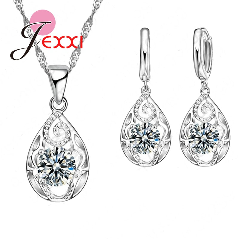 Factory Price 925 Sterling Silver Waterdrop Cubic Zircon Pendants Necklaces Set Women Crystal Bridal Wedding Jewelry Sets