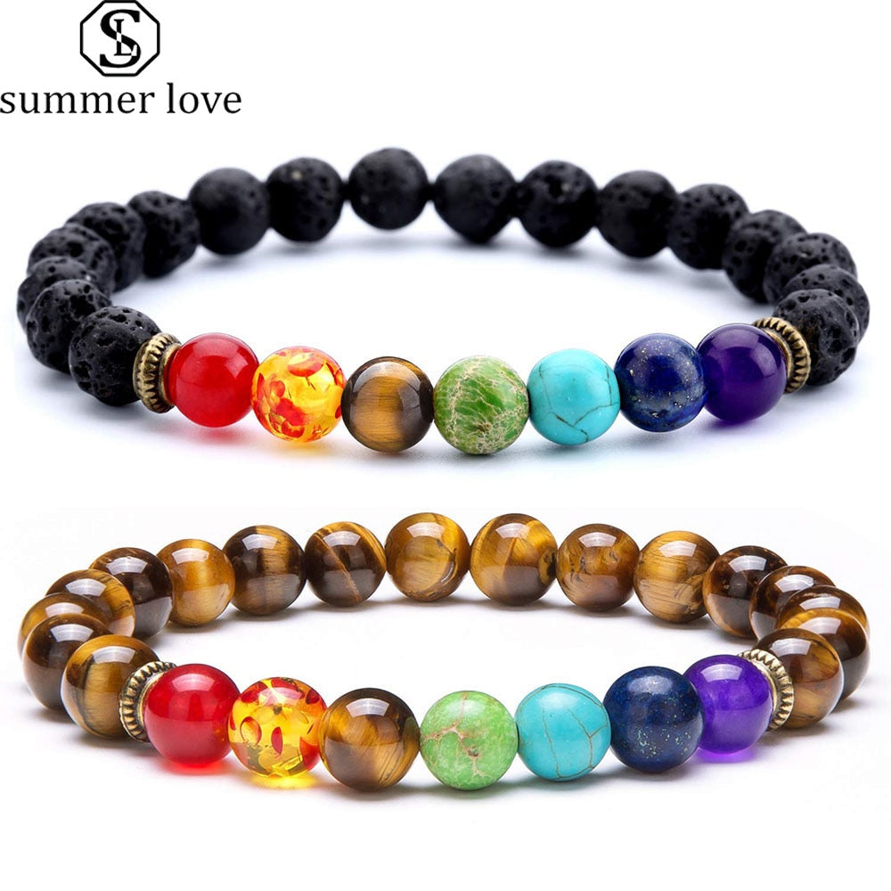 7 Chakra Healing Beaded Bracelet Natural Lava Stone Tiger Eye Beads Bracelet 8MM For Women Men Fashion Yoga Jewelry Dropshipping