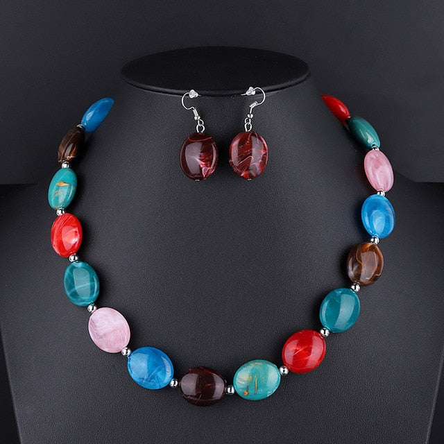 Square Resin Pendant Beads Jewelry Set For Women Chain Rope Statement Necklace Acrylic Geometric Earrings Jewelry Bijoux