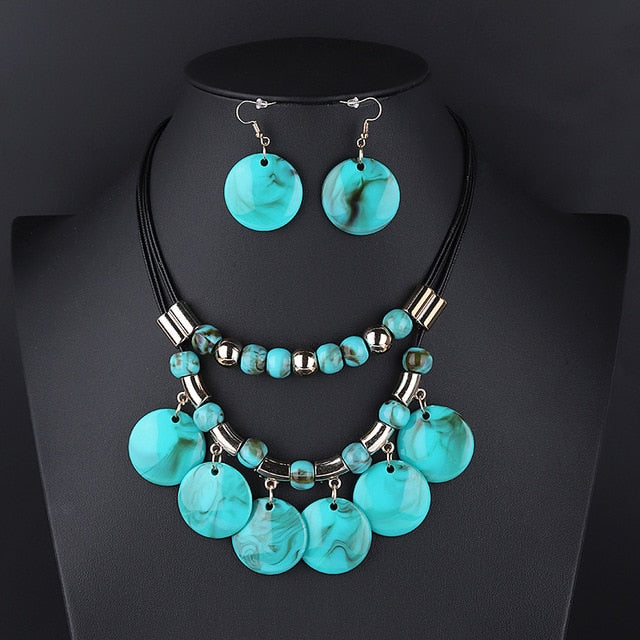 Square Resin Pendant Beads Jewelry Set For Women Chain Rope Statement Necklace Acrylic Geometric Earrings Jewelry Bijoux