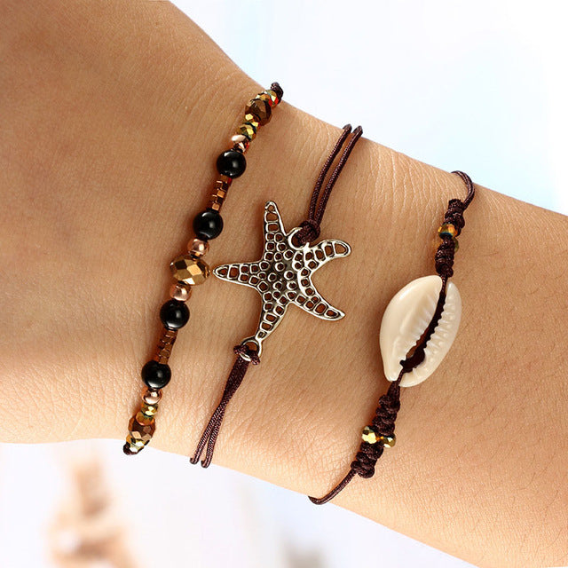 Bohemian Style Shell Bracelet Set Bangle Starfish Beach Colorful In Adjustable Fashion Rope Chain Bracelet For Women Pulseras