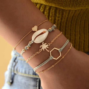 Bohemian Style Shell Bracelet Set Bangle Starfish Beach Colorful In Adjustable Fashion Rope Chain Bracelet For Women Pulseras