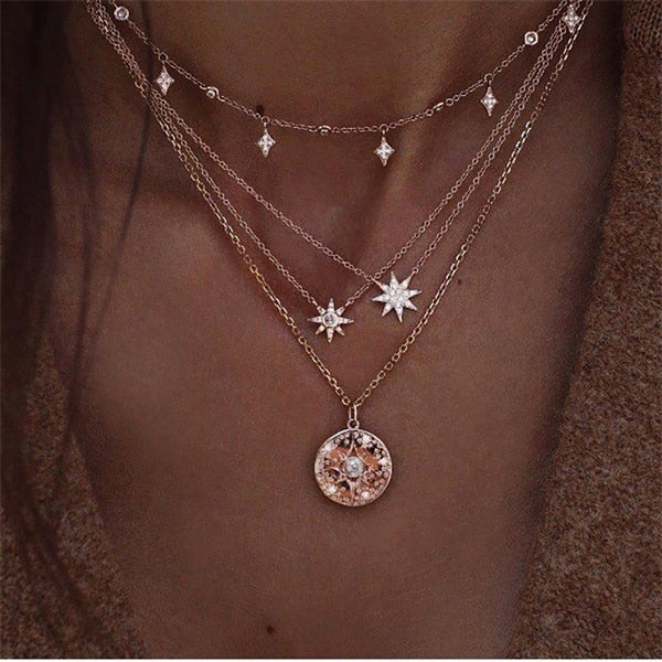 FAMSHIN Bohemian Multi layer Pendant Necklaces For Women Fashion Golden Geometric Charm Chains Necklace Wholesale Jewelry New