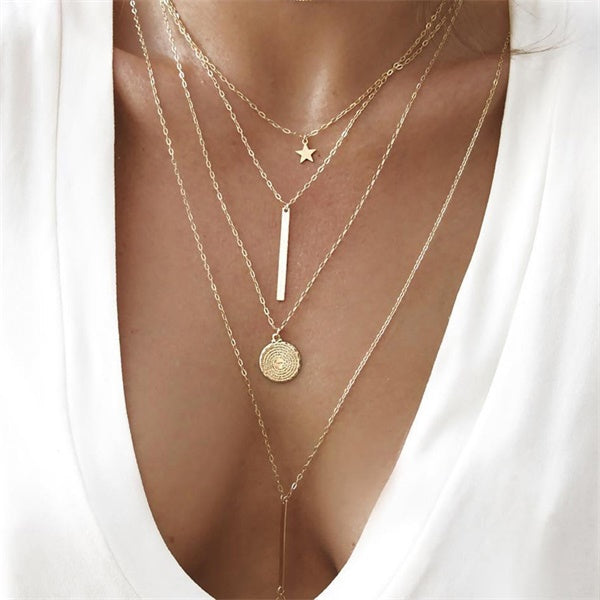 FAMSHIN Bohemian Multi layer Pendant Necklaces For Women Fashion Golden Geometric Charm Chains Necklace Wholesale Jewelry New