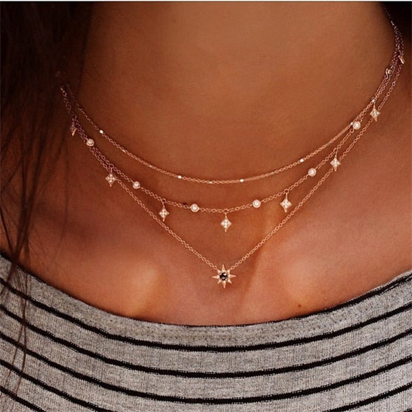 FAMSHIN Bohemian Multi layer Pendant Necklaces For Women Fashion Golden Geometric Charm Chains Necklace Wholesale Jewelry New