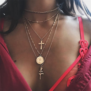 FAMSHIN Bohemian Multi layer Pendant Necklaces For Women Fashion Golden Geometric Charm Chains Necklace Wholesale Jewelry New