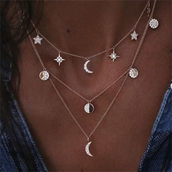 FAMSHIN Bohemian Multi layer Pendant Necklaces For Women Fashion Golden Geometric Charm Chains Necklace Wholesale Jewelry New