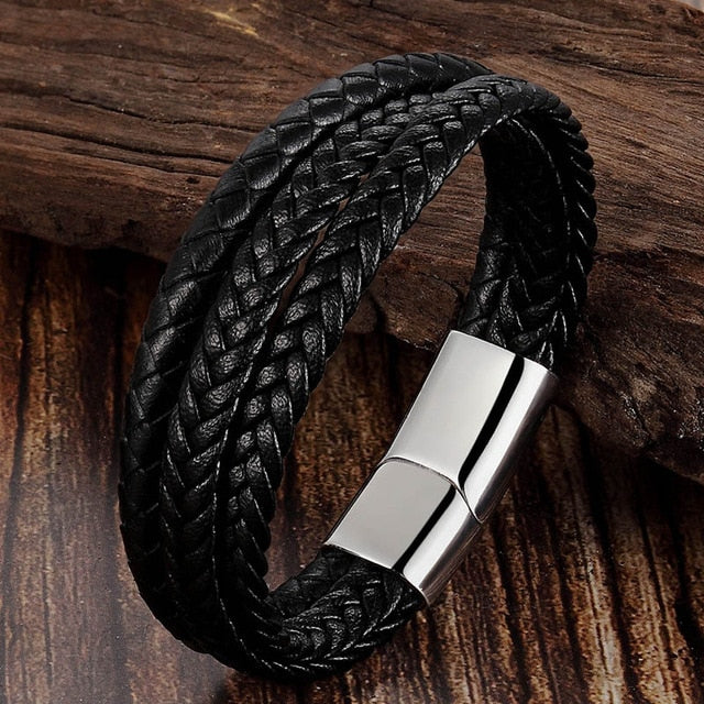 Trendy Genuine Leather Bracelets Men Stainless Steel Multilayer Braided Rope Bracelets for Male Female Bracelets Jewelry