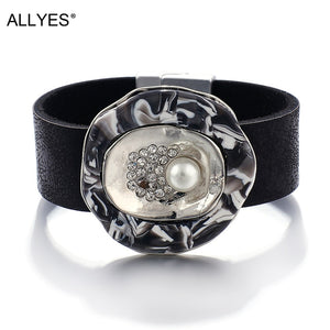 ALLYES Leather Bracelets for Women 2019 Crystal Trendy Blue Black Color Metal Charm Wide Cuff Bracelet Pearl Jewelry