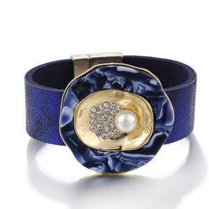 ALLYES Leather Bracelets for Women 2019 Crystal Trendy Blue Black Color Metal Charm Wide Cuff Bracelet Pearl Jewelry