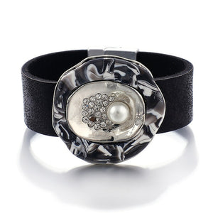 ALLYES Leather Bracelets for Women 2019 Crystal Trendy Blue Black Color Metal Charm Wide Cuff Bracelet Pearl Jewelry