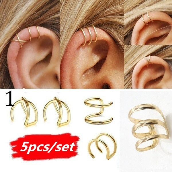 2019 Fashion 5Pcs/Set Ear Cuffs Gold Leaf Ear Cuff Clip Earrings for Women Climbers Earcuff No Piercing Fake Cartilage Earring