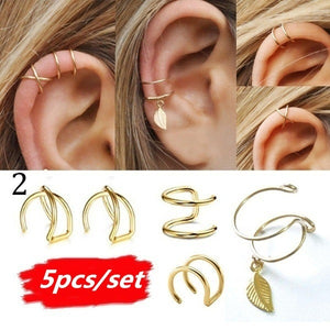 2019 Fashion 5Pcs/Set Ear Cuffs Gold Leaf Ear Cuff Clip Earrings for Women Climbers Earcuff No Piercing Fake Cartilage Earring