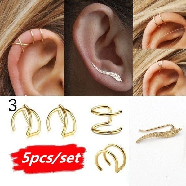 2019 Fashion 5Pcs/Set Ear Cuffs Gold Leaf Ear Cuff Clip Earrings for Women Climbers Earcuff No Piercing Fake Cartilage Earring