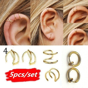 2019 Fashion 5Pcs/Set Ear Cuffs Gold Leaf Ear Cuff Clip Earrings for Women Climbers Earcuff No Piercing Fake Cartilage Earring