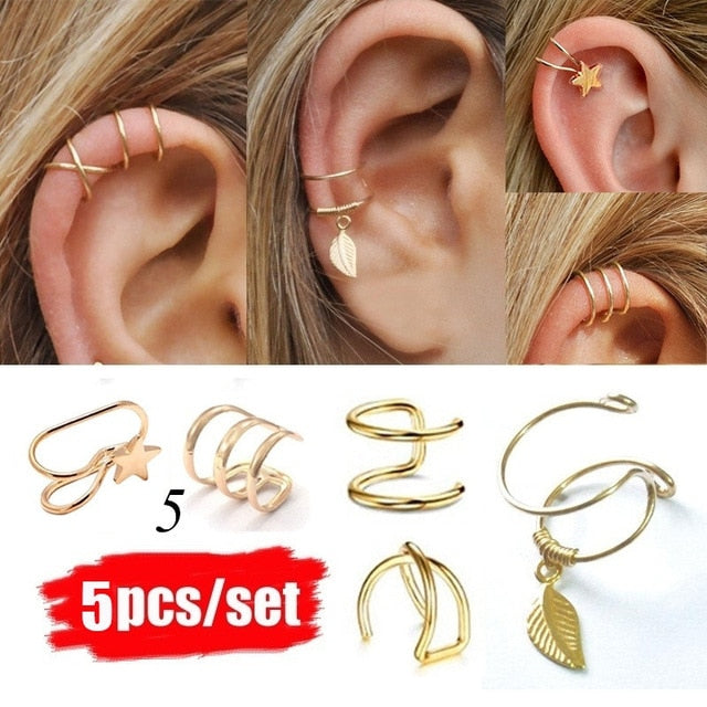 2019 Fashion 5Pcs/Set Ear Cuffs Gold Leaf Ear Cuff Clip Earrings for Women Climbers Earcuff No Piercing Fake Cartilage Earring